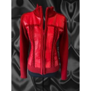 Vintage Red Mixed Media Leather Patchwork Zip Up Ribbed Knit Cardigan Sweater